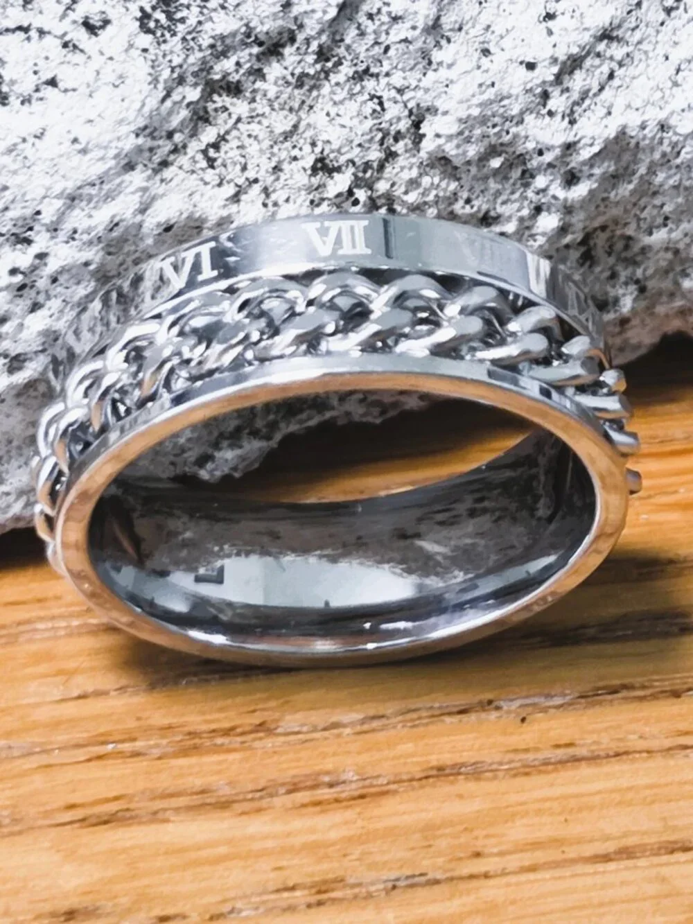 NEW! Stainless Steel Spinner Ring w/Braided Chain Fidget Band & Roman Numerals